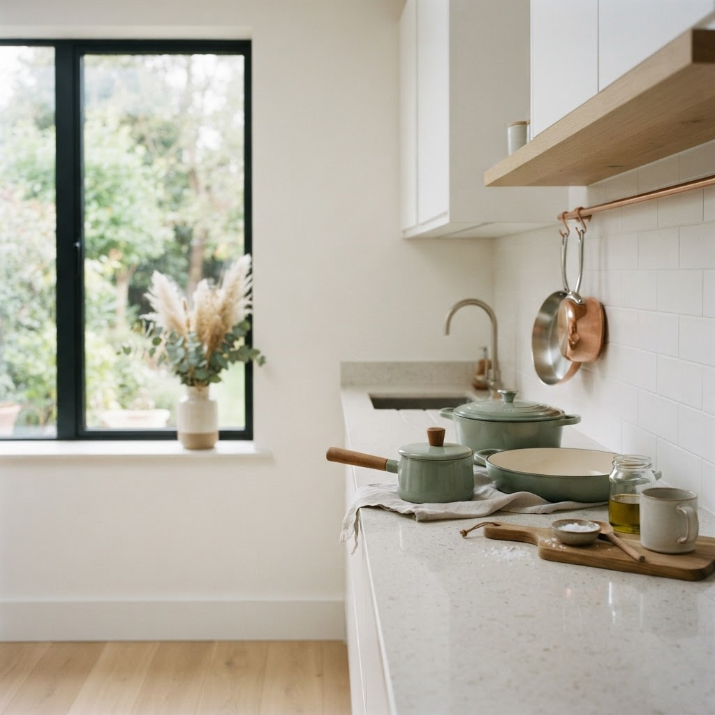 Sage green and copper cookware arranged on a bright stone worktop
